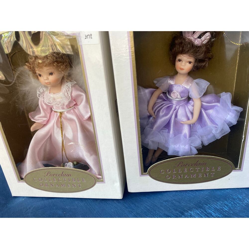 Set of 2 Porcelain Collectible Angel Girl Christmas Ornaments w/ Boxes
